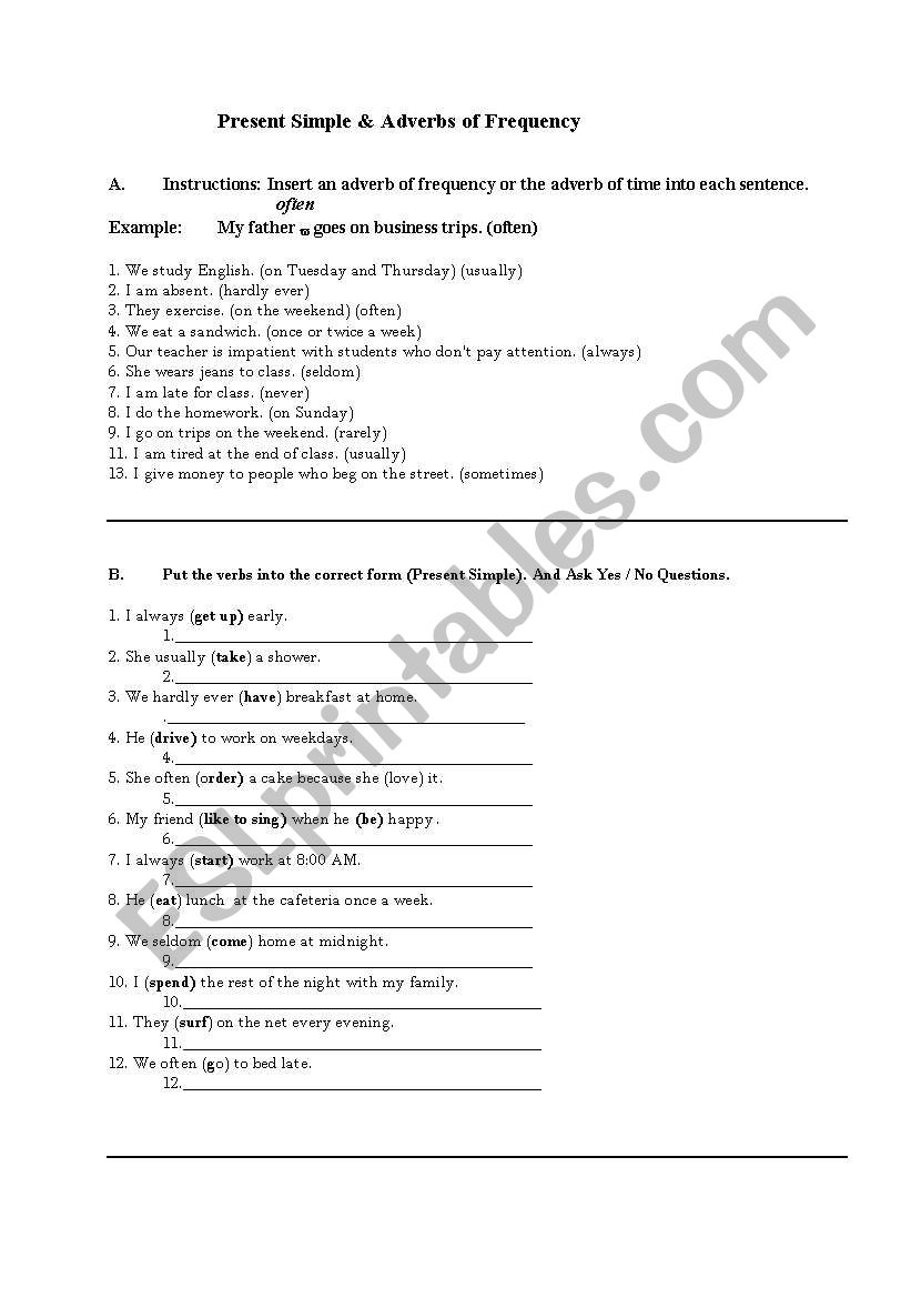 Present Simple & Adverbs Of Frequency Exercices