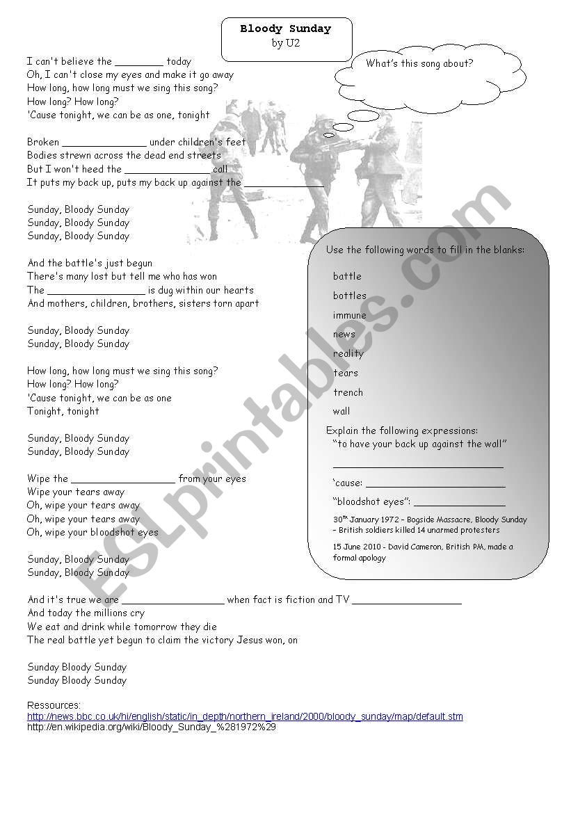 Song worksheet: Bloody Sunday by U2