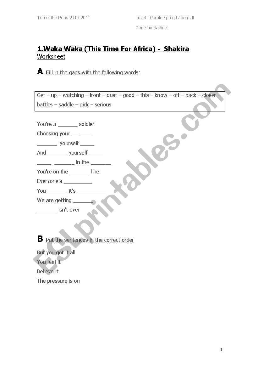 Waka Waka worksheet worksheet