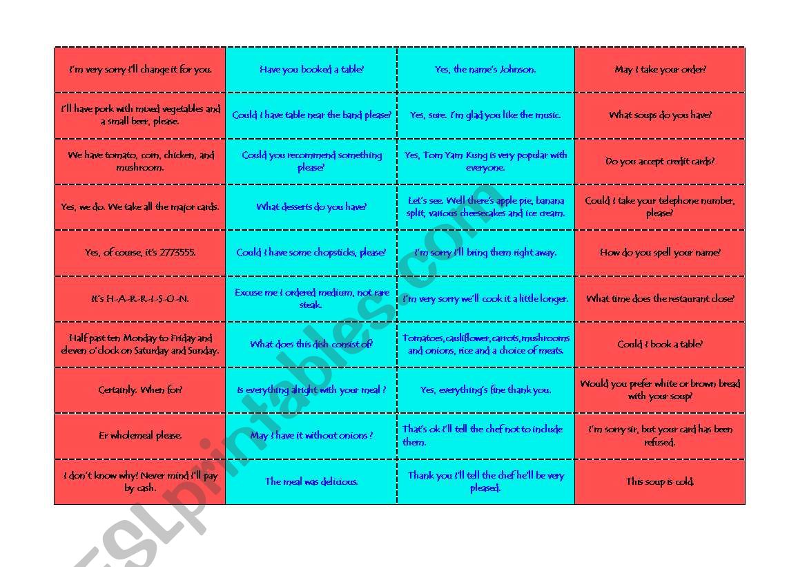 Restaurant Dominoes worksheet