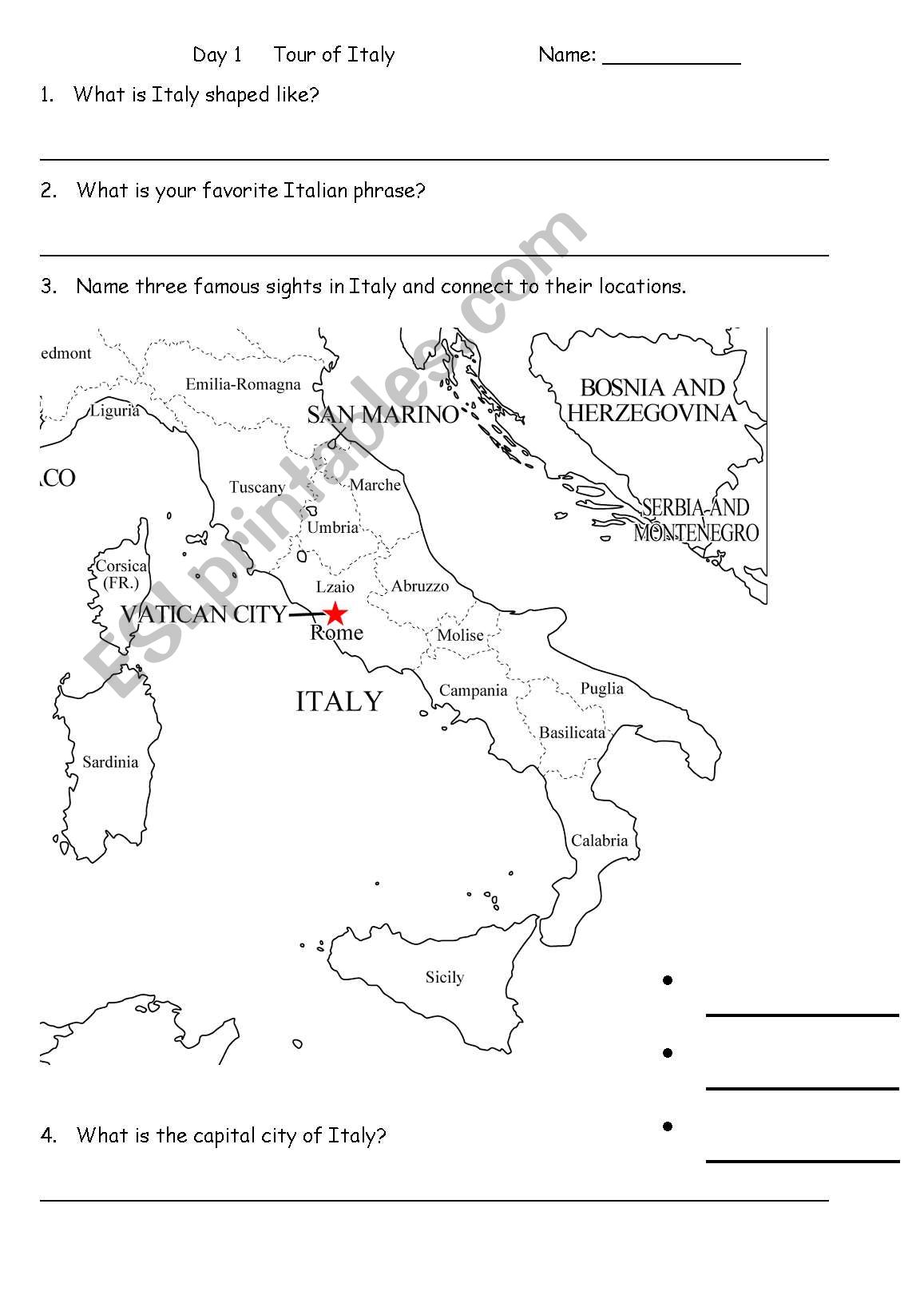 tour of Italy worksheet