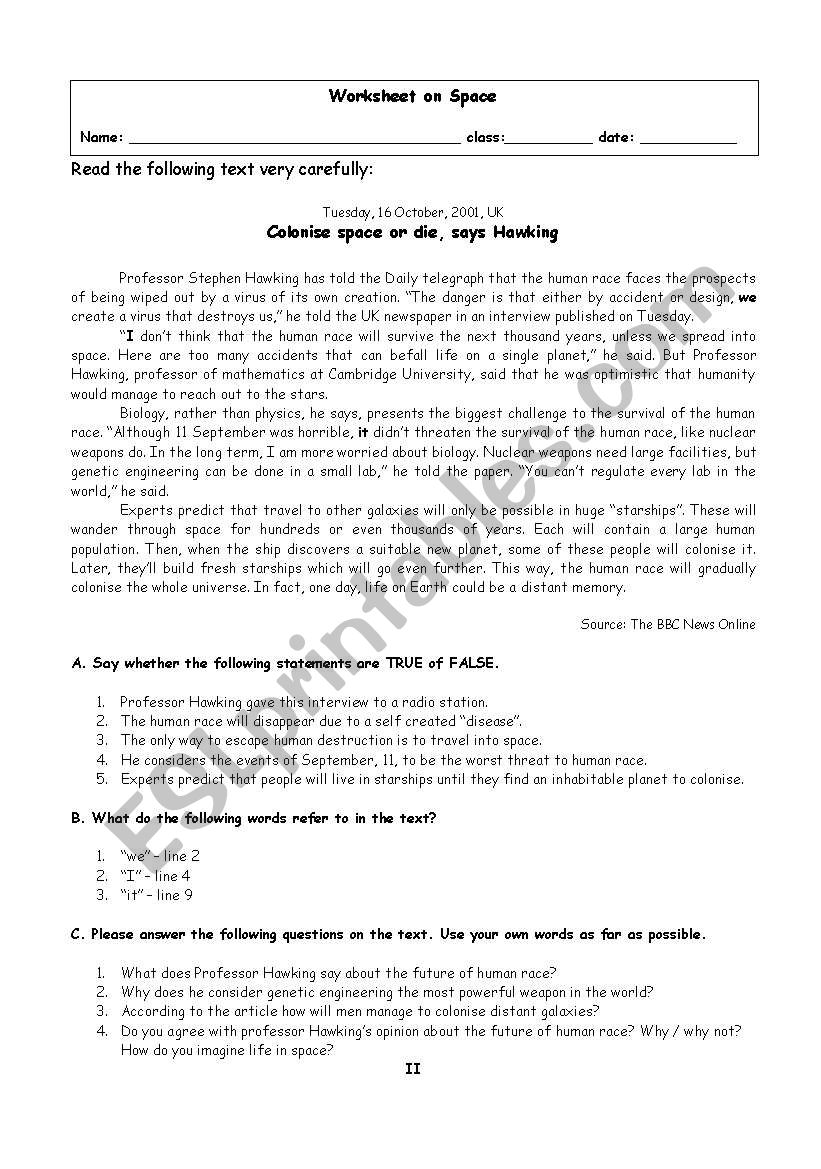 colonise space or die worksheet