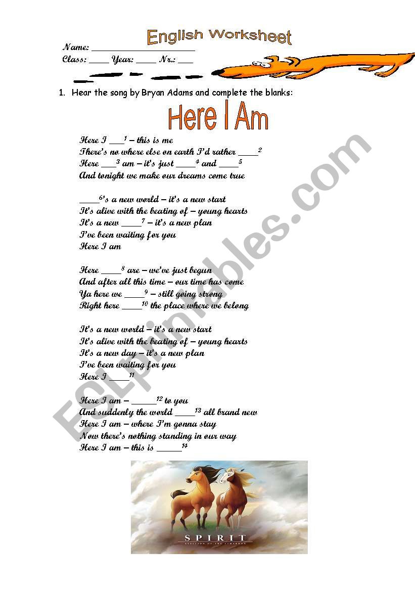 Here I am by Bryan Adams worksheet