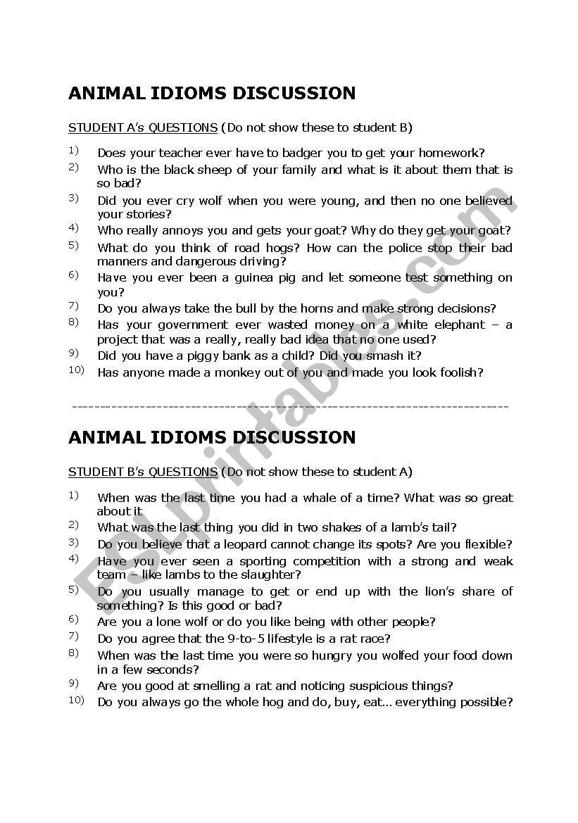 animal idioms worksheet