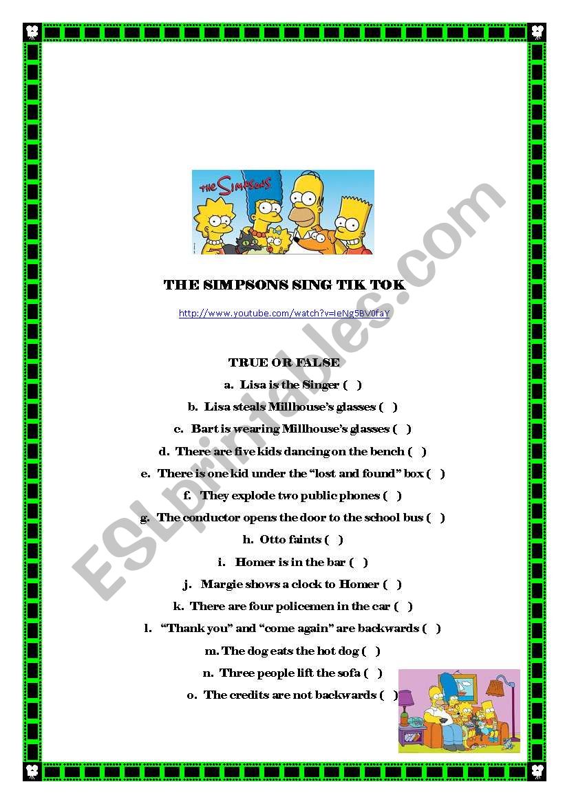 Simpsons sing TIK TOK worksheet