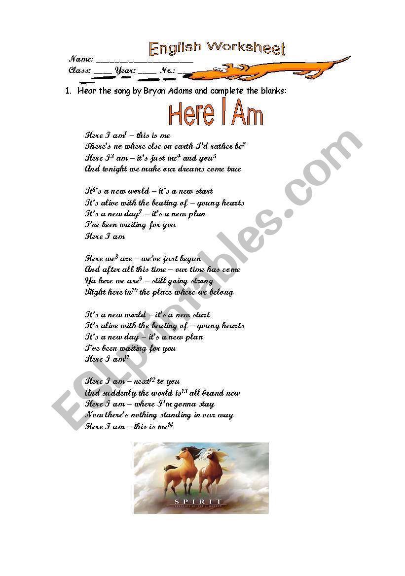 Here I am by Bryan Adam- teachers sheet with key