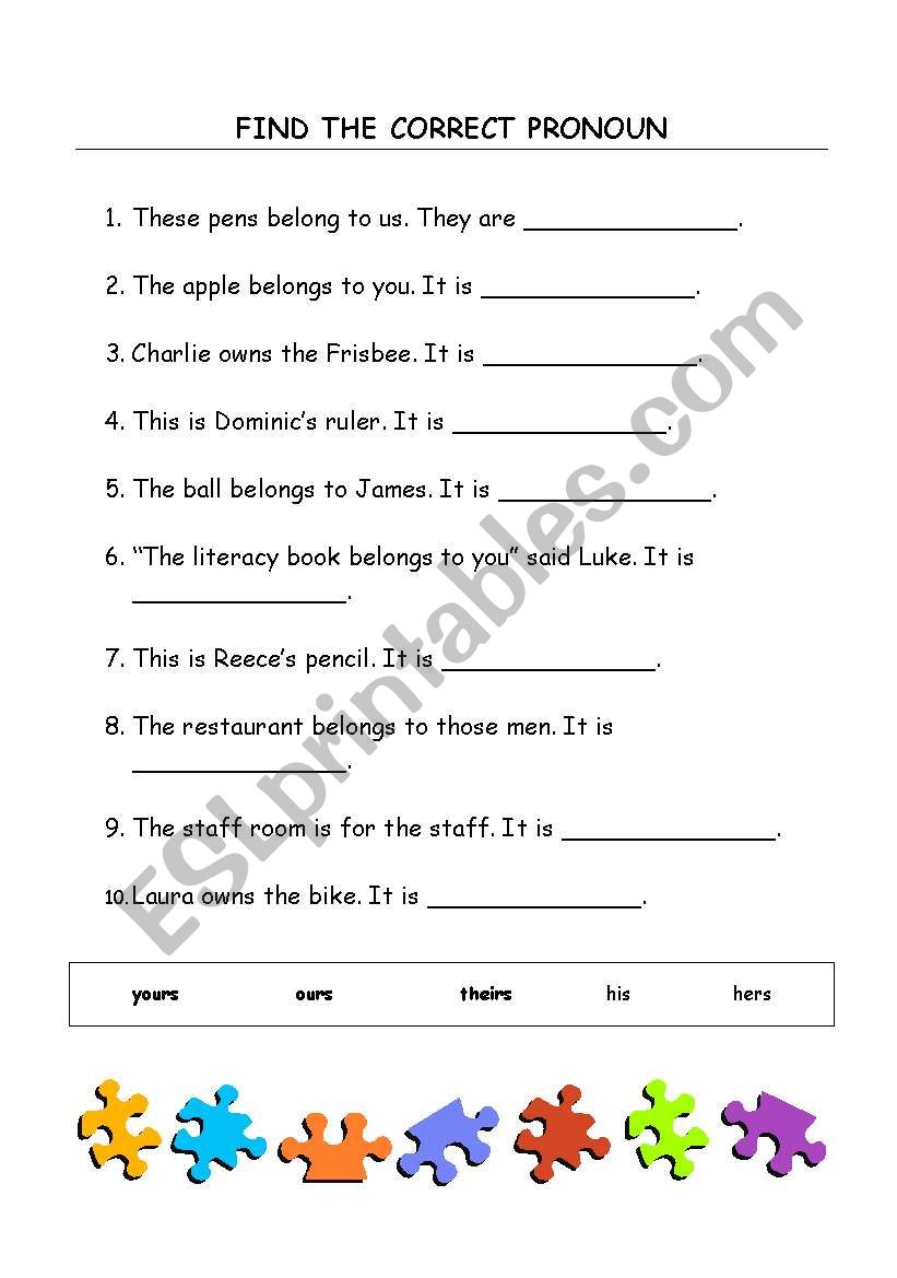Find the correct pronoun worksheet