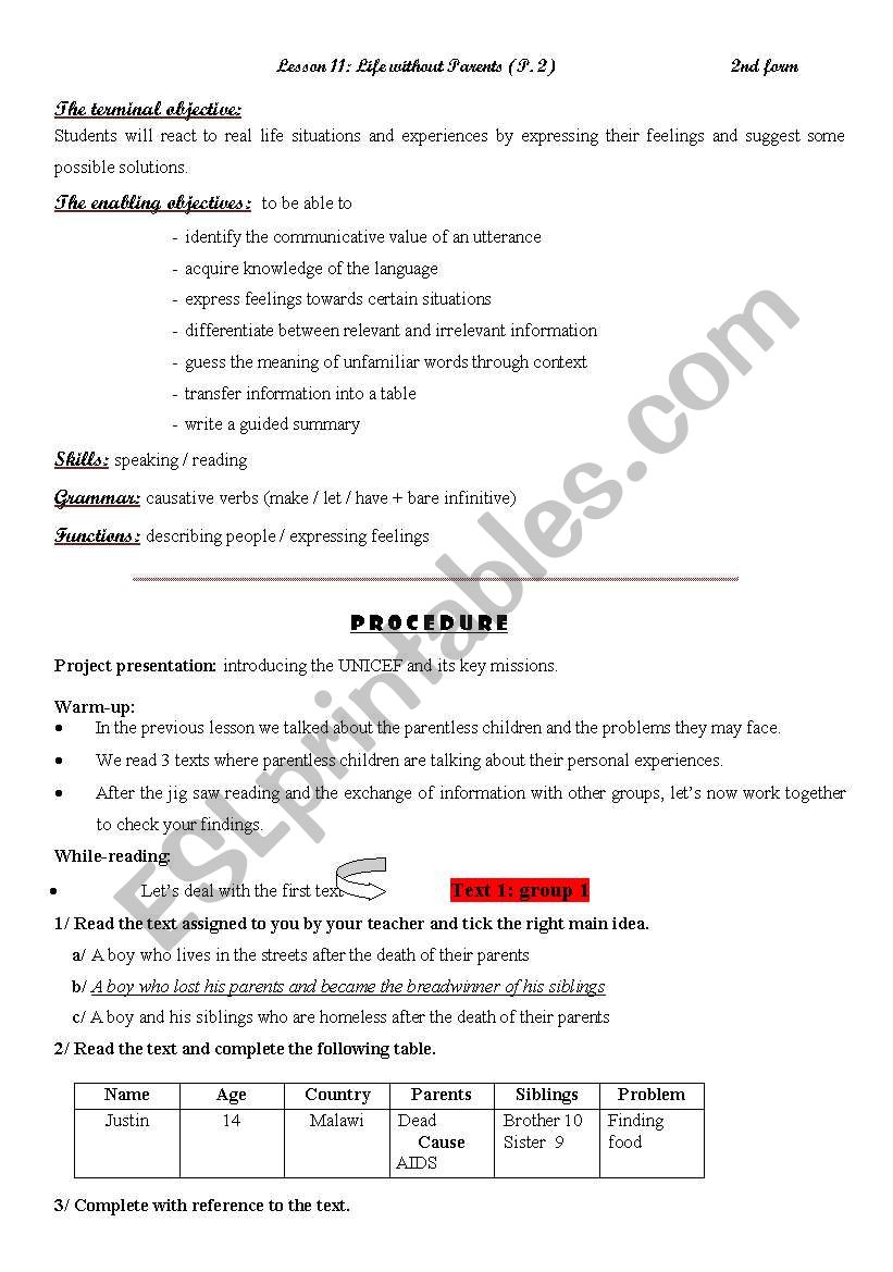 Life without Parents Part 2 worksheet