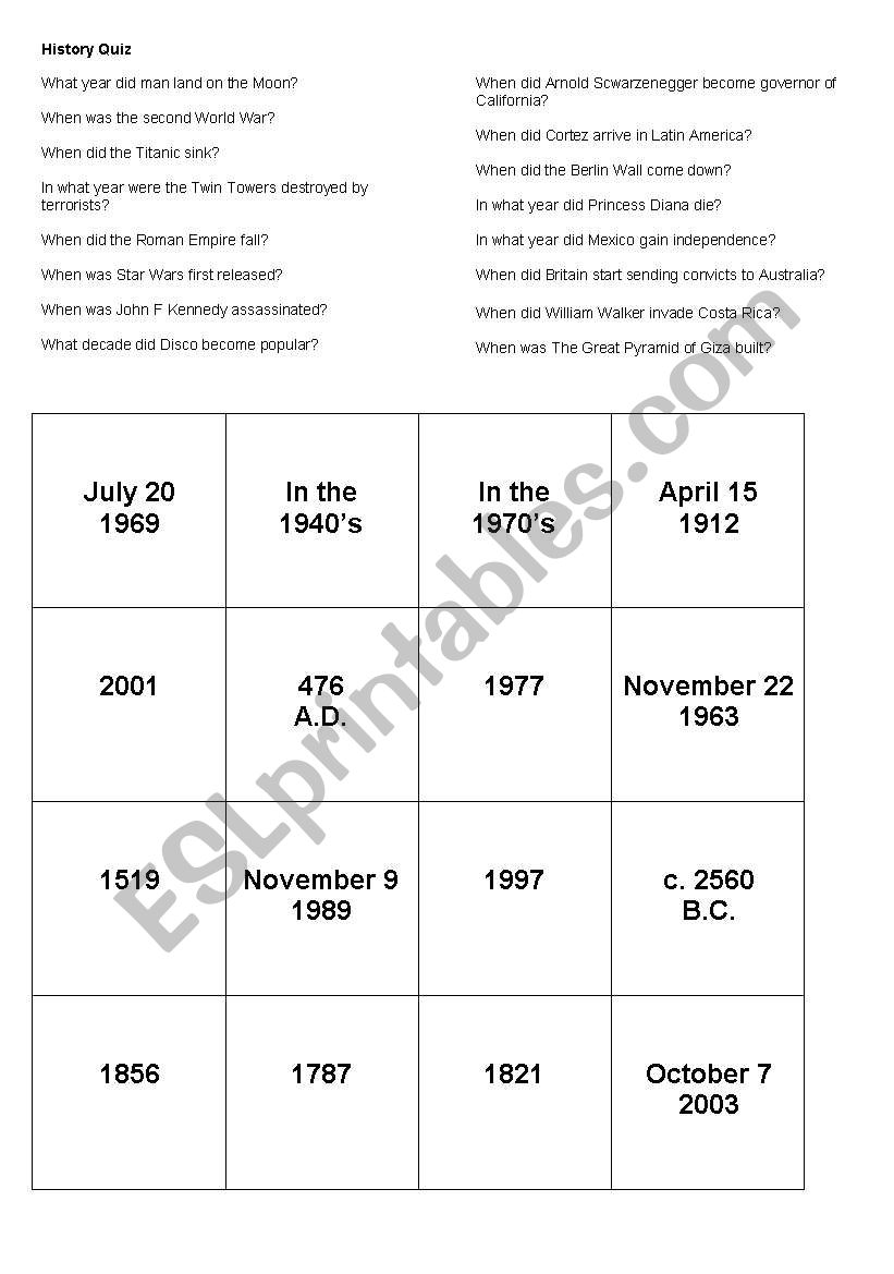 History Quiz worksheet