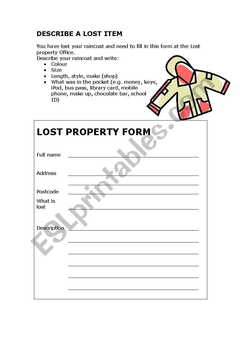 Describe lost property - easy writing task to fill in a form