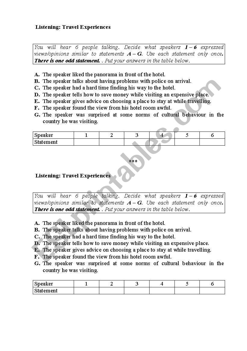 Travel Experiences worksheet