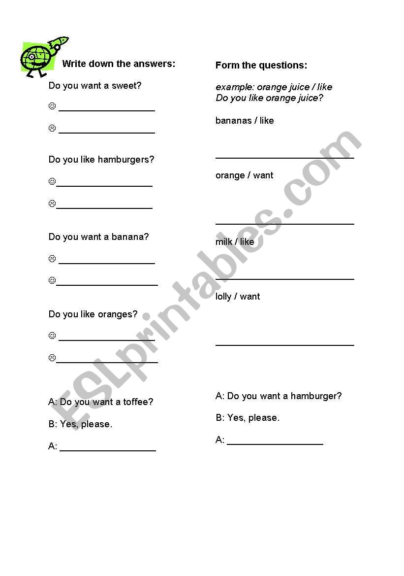 Like or want worksheet