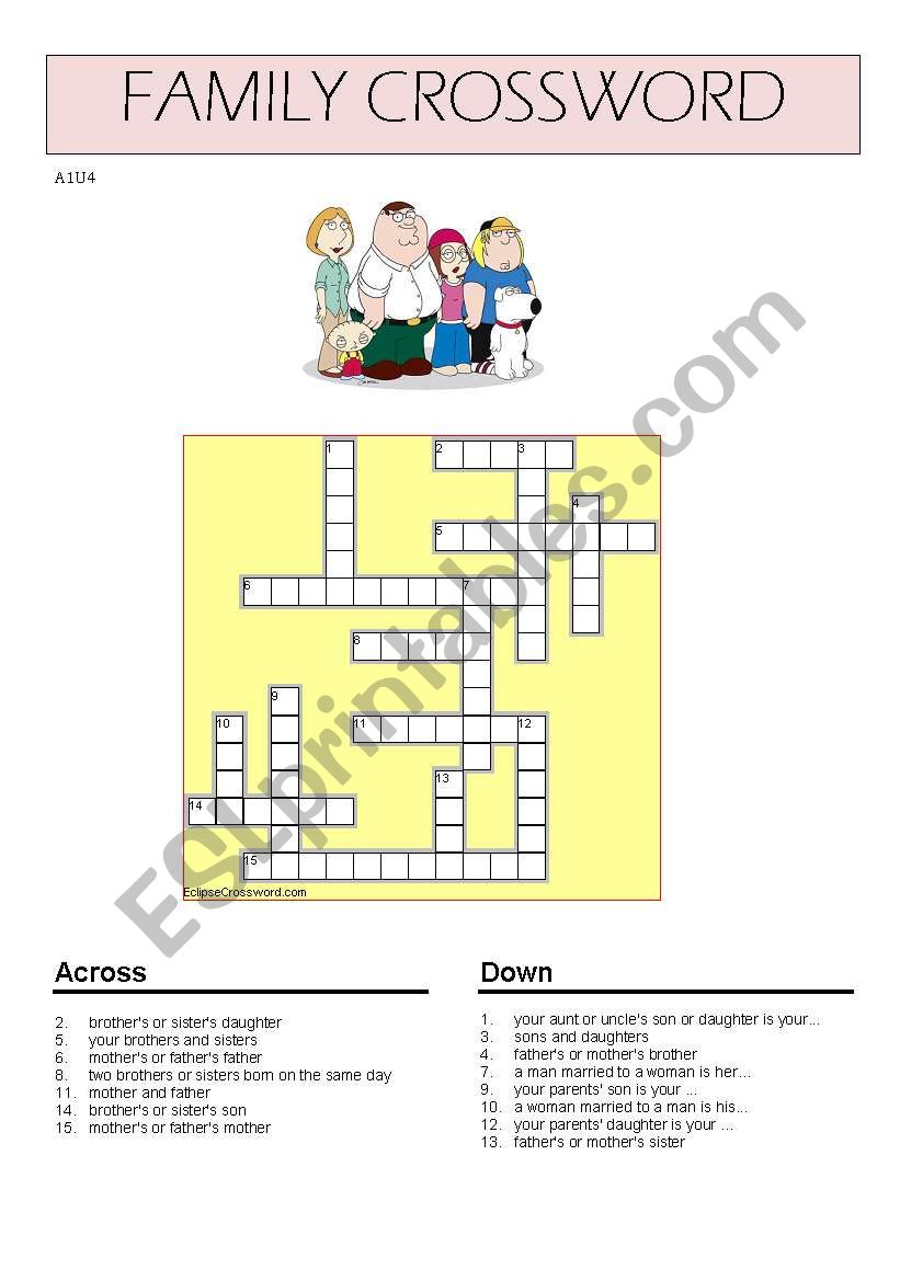 Family crossword worksheet