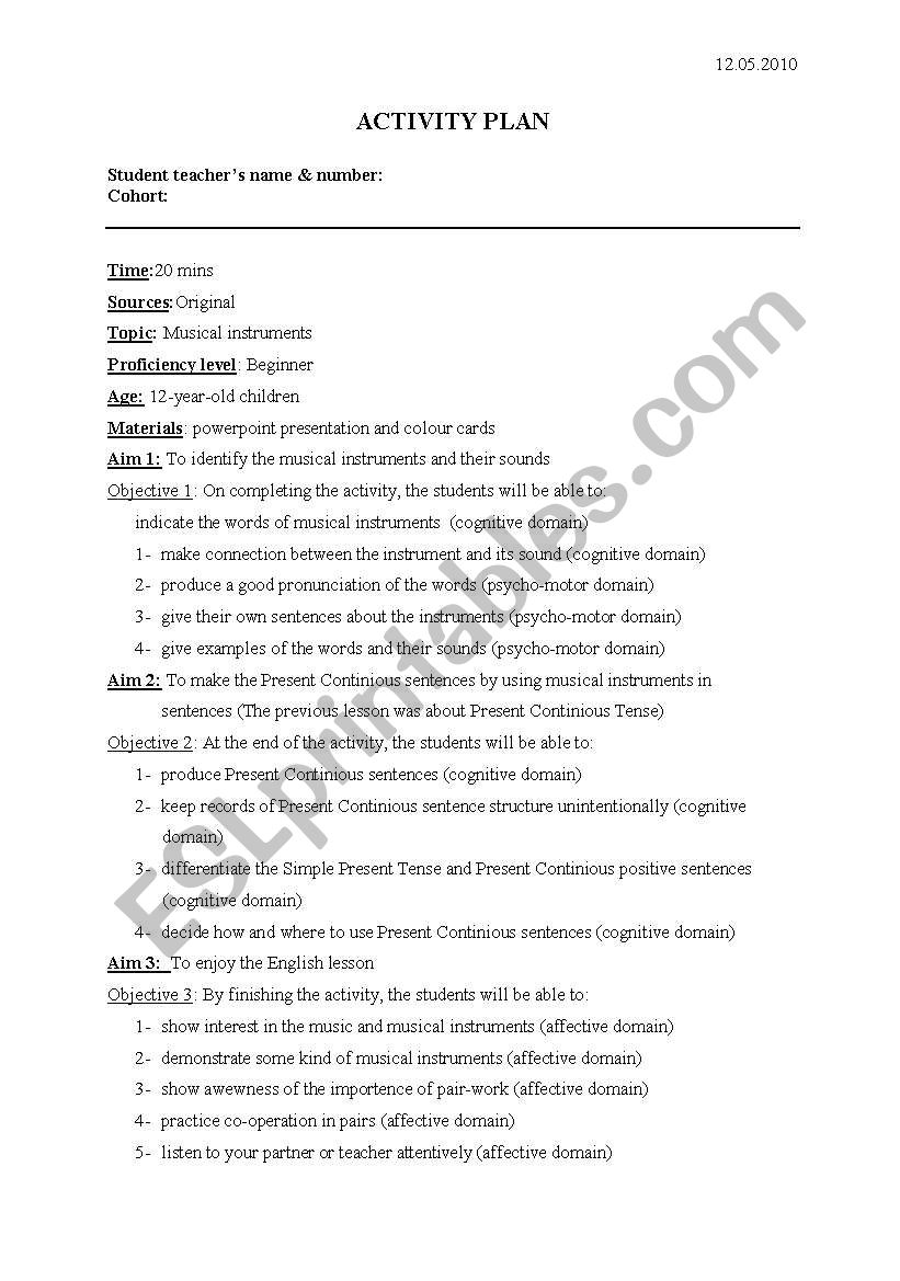 lesson plan for musical instrument