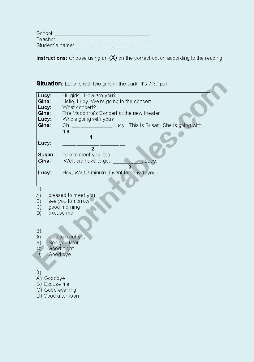 GREETINGS AND LEAVE TAKINGS.  worksheet