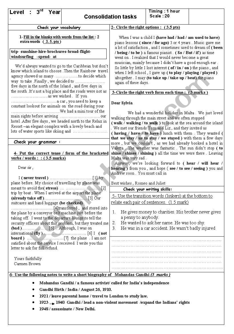 Consolidation tasks  3rd year students 
