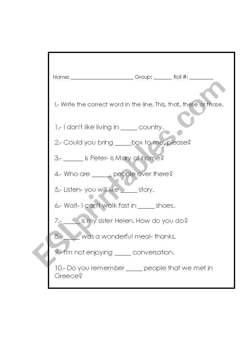 THAT THIS THESE THOSE worksheet
