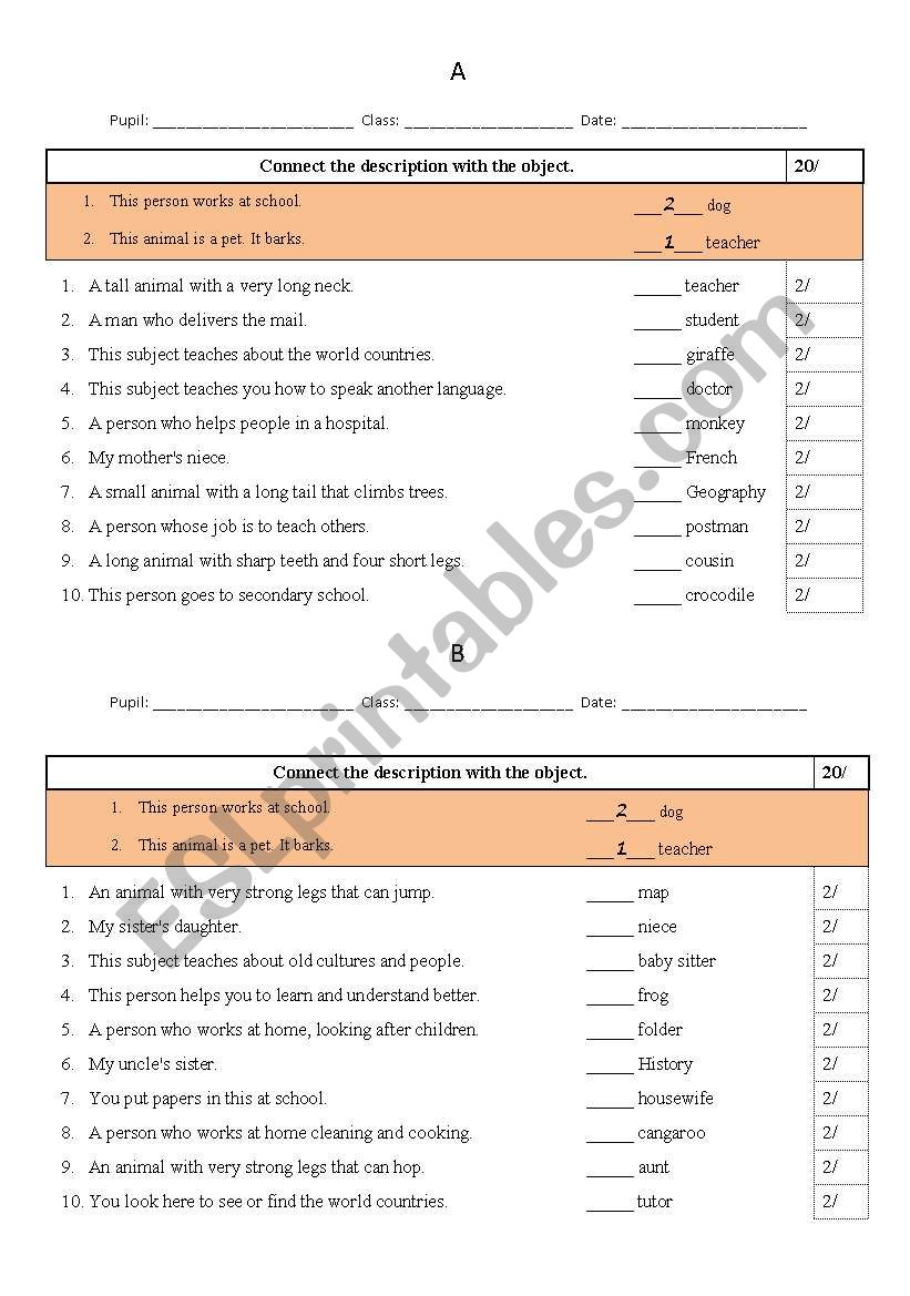 connect the description with the object - Test A, B, C