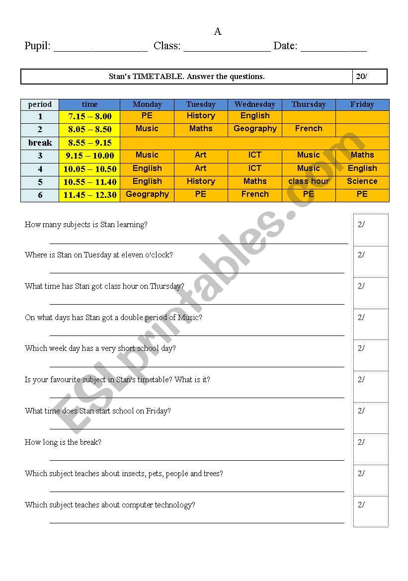 TIMETABLE test A, B, C worksheet