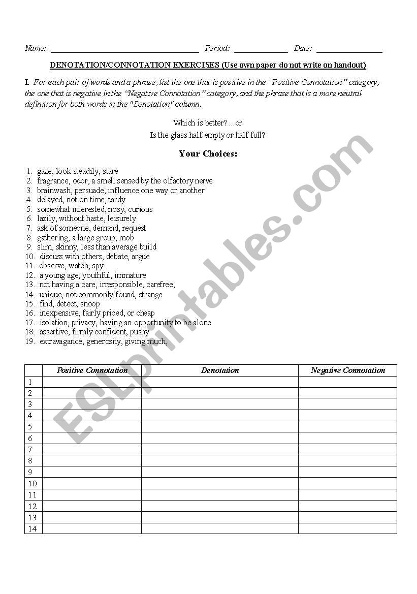 Connotation-Denotation Worksheet