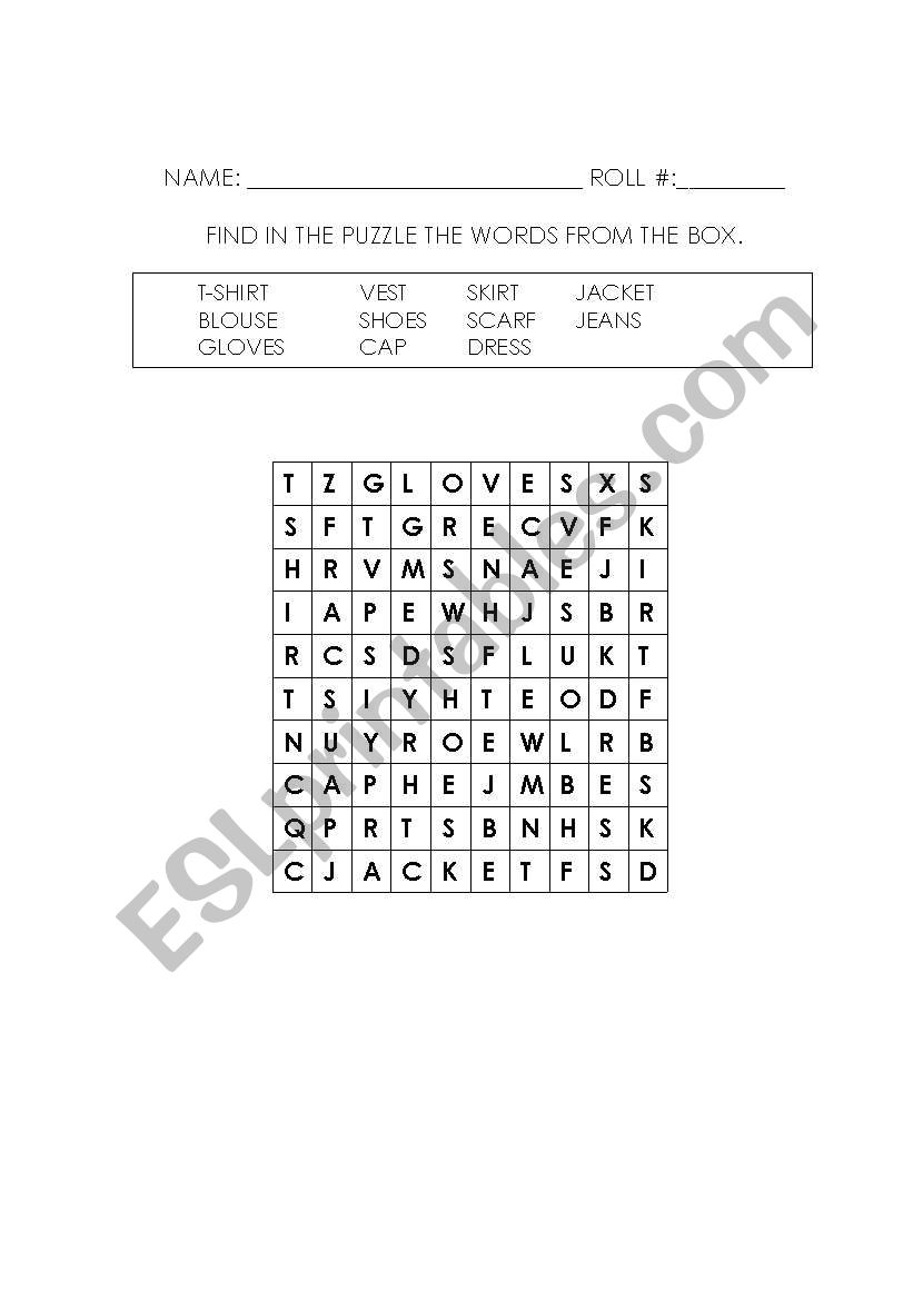 CLOTHES WORD PUZZLE worksheet