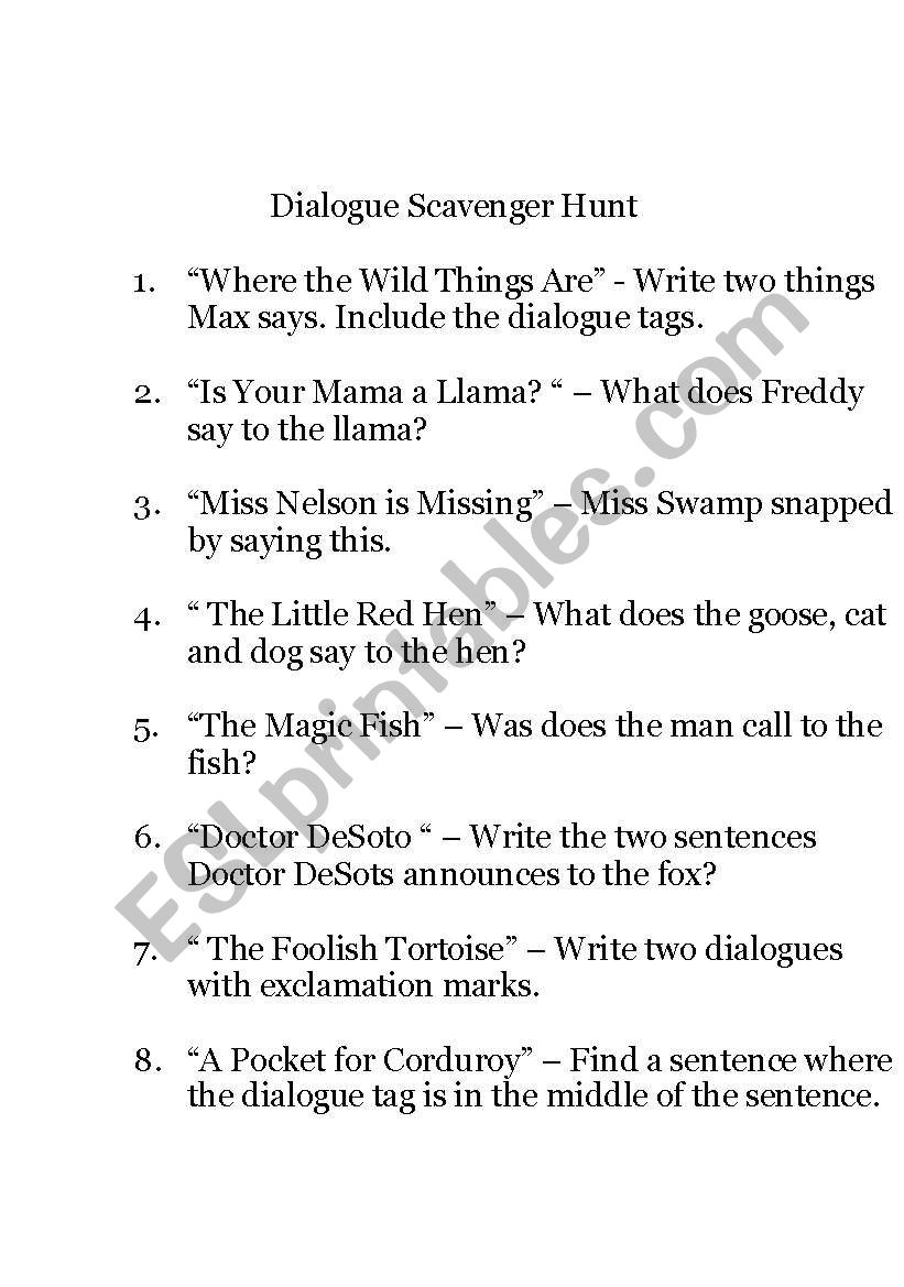 Dialogue Scavenger hunt worksheet