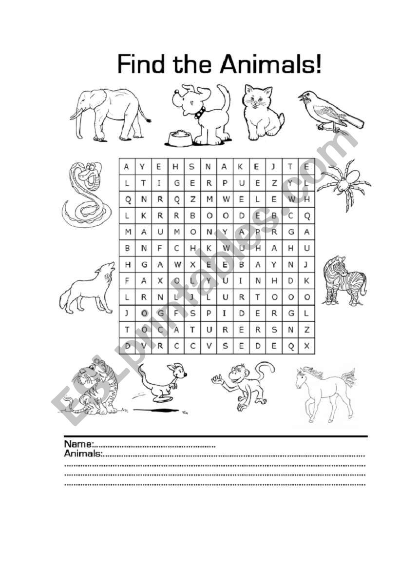 Animals WordSearch worksheet