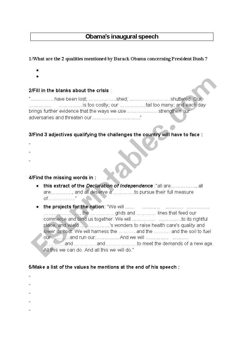 Obamas inauguration speech worksheet