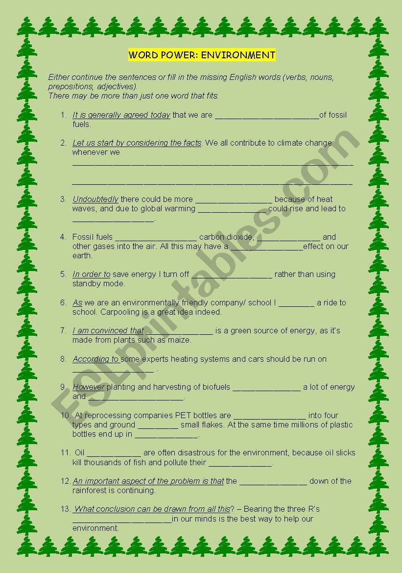 ENVIRONMENT: word power worksheet