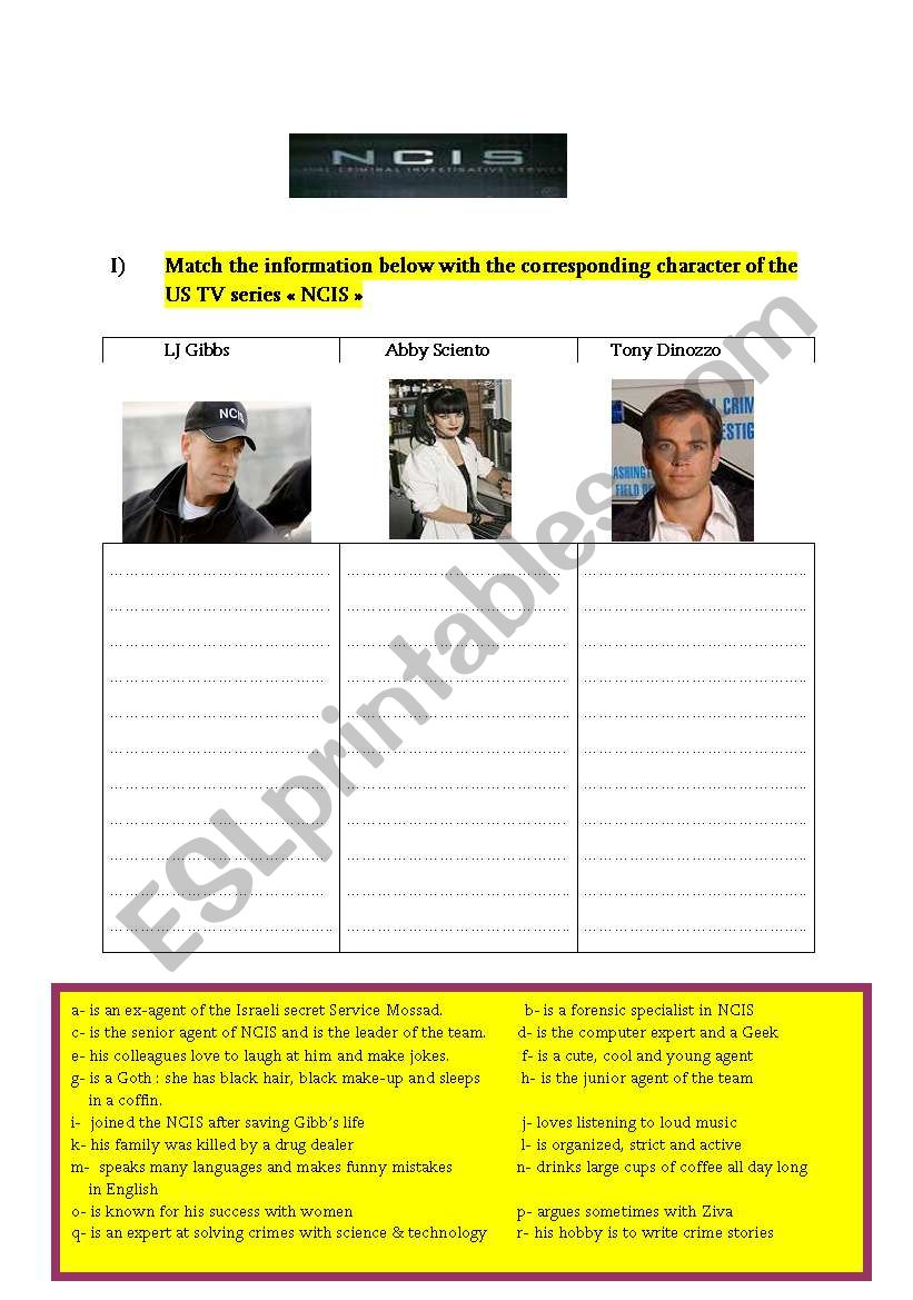 a worksheet about the us tv series NCIS