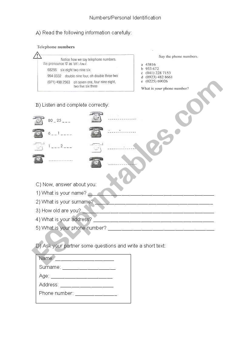 Numbers/phone numbers worksheet