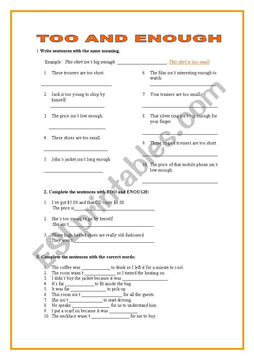 Too and enough worksheet