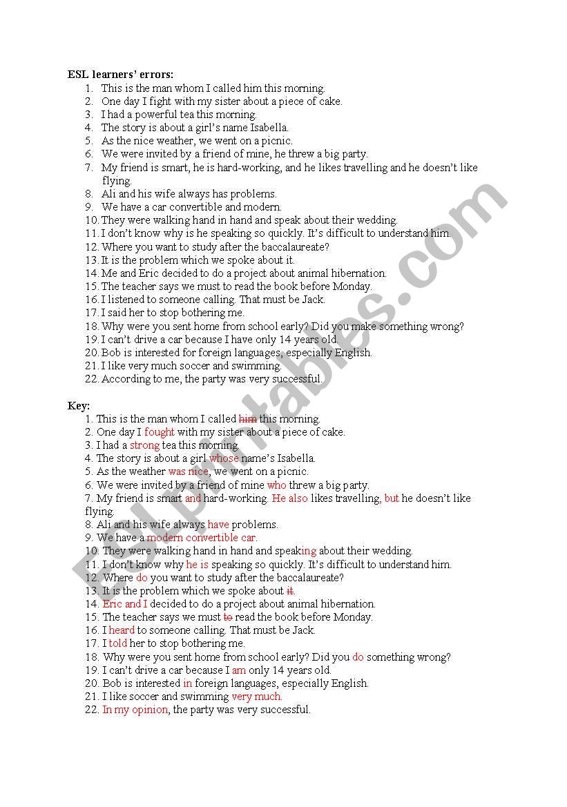 Students Errors worksheet