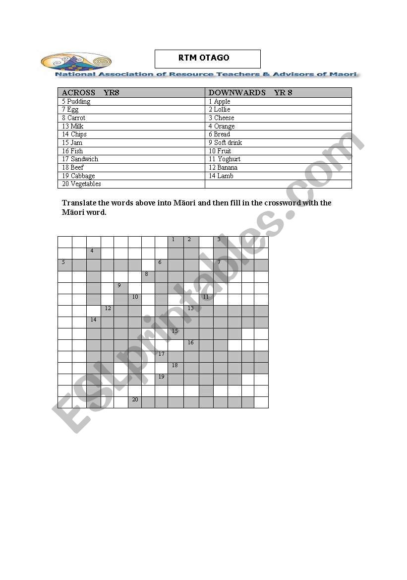 Nga Kai - Maori Language Cross word