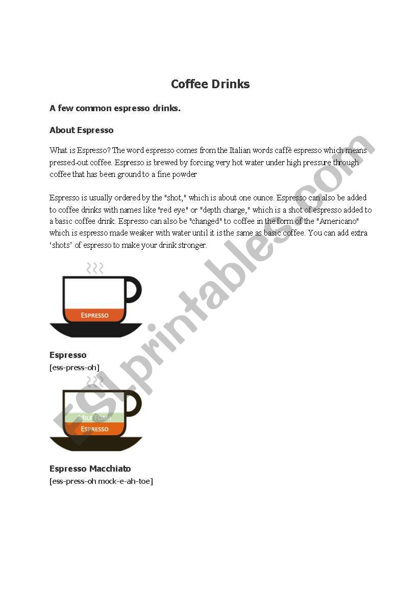 Coffee drinks at Starbucks worksheet
