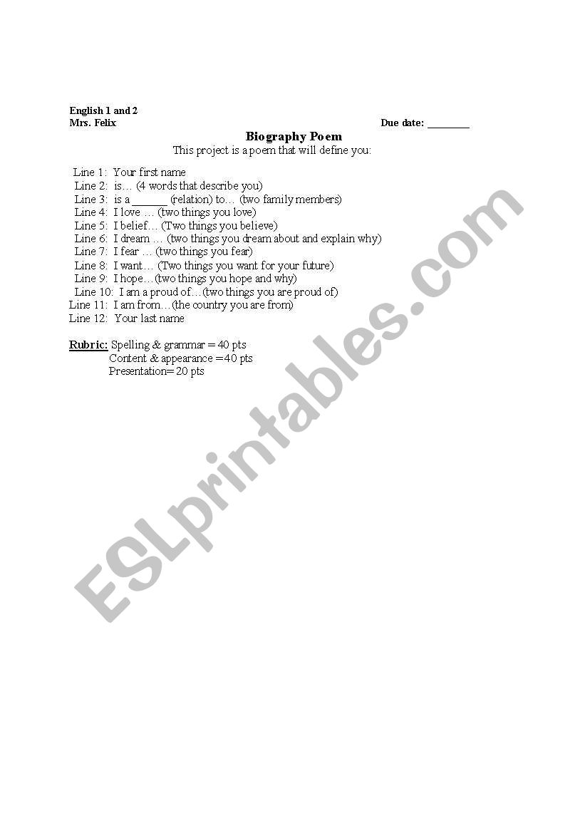 Biographical Poem worksheet