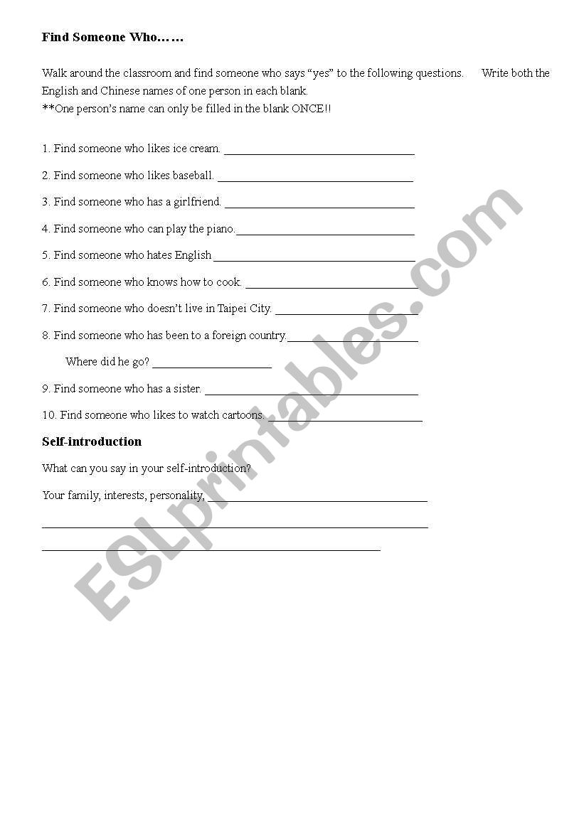 Find someone who worksheet