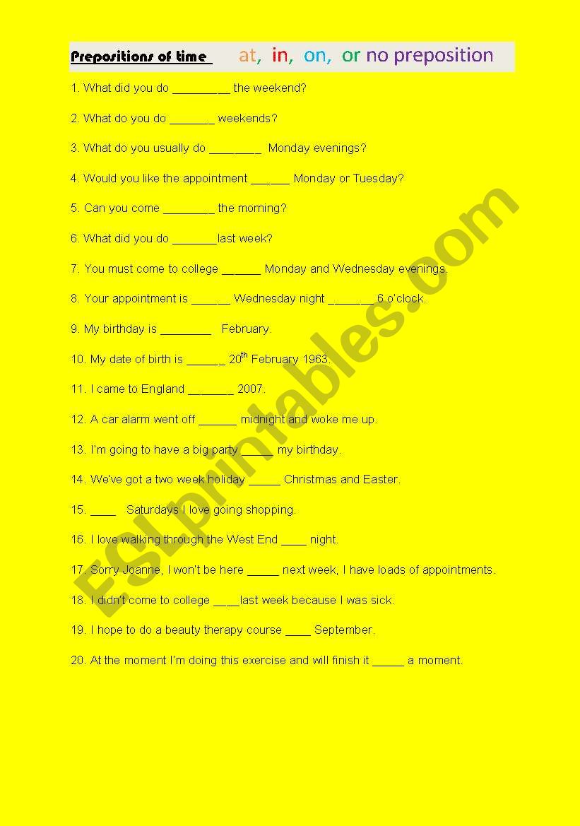 Prepositions of time worksheet