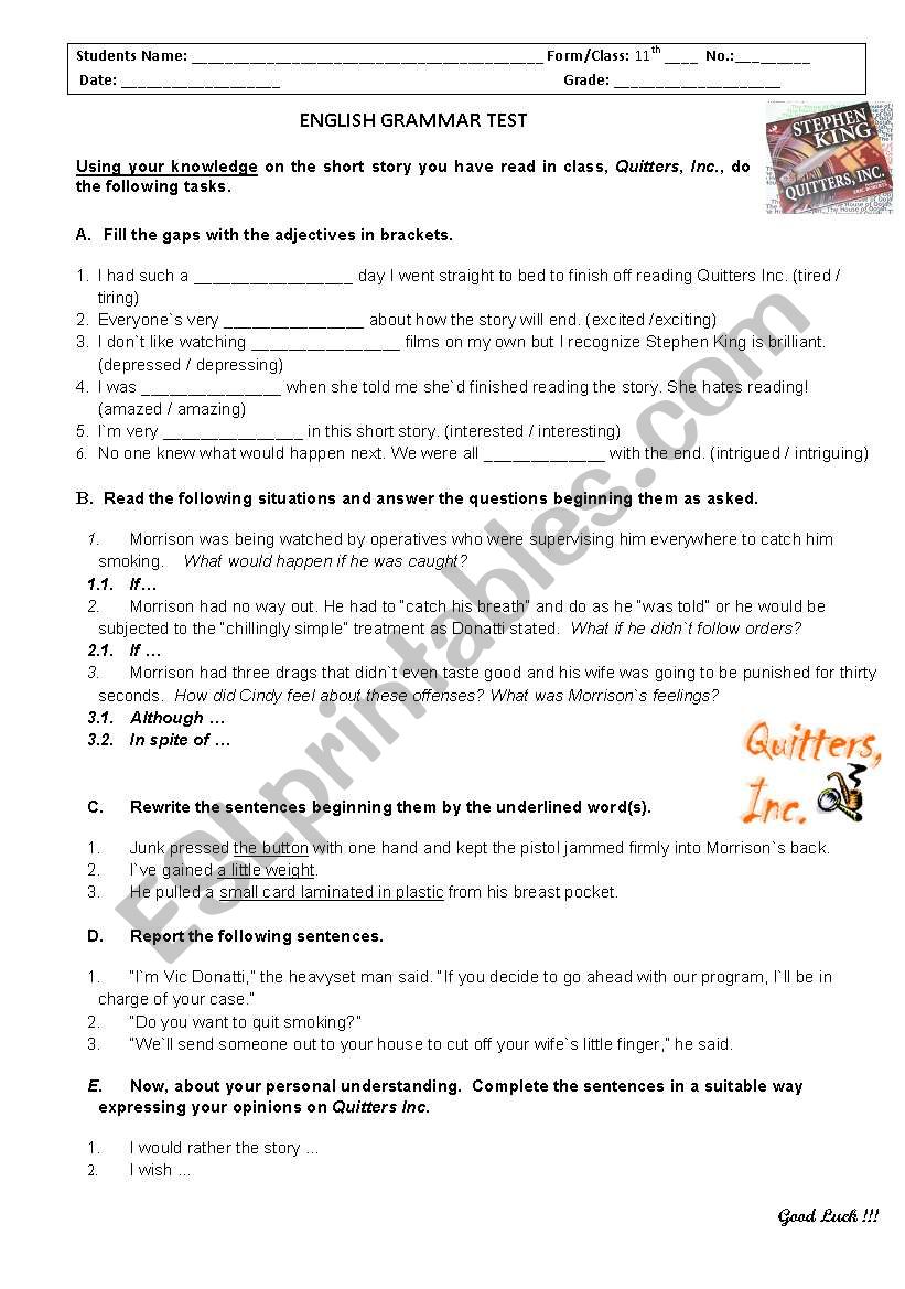 Quitters Inc - grammar worksheet