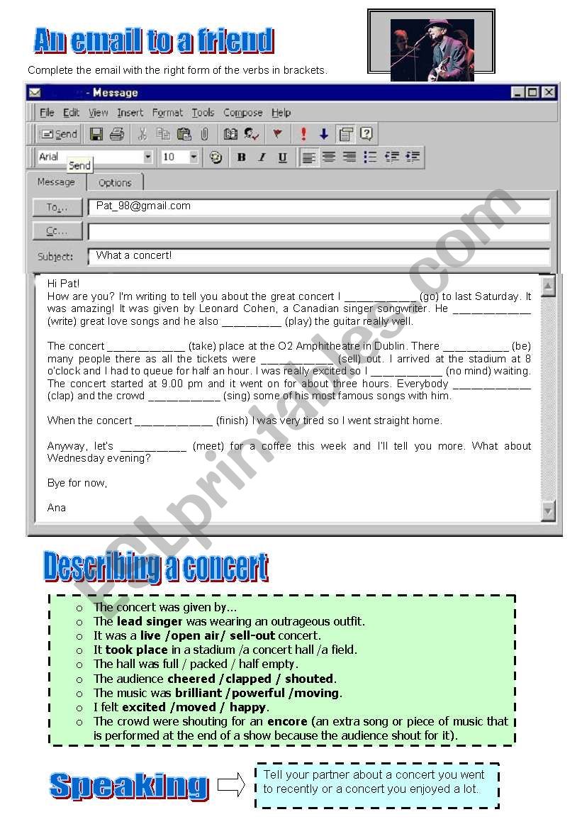 Writing an email to a friend (about a concert) - ESL worksheet by