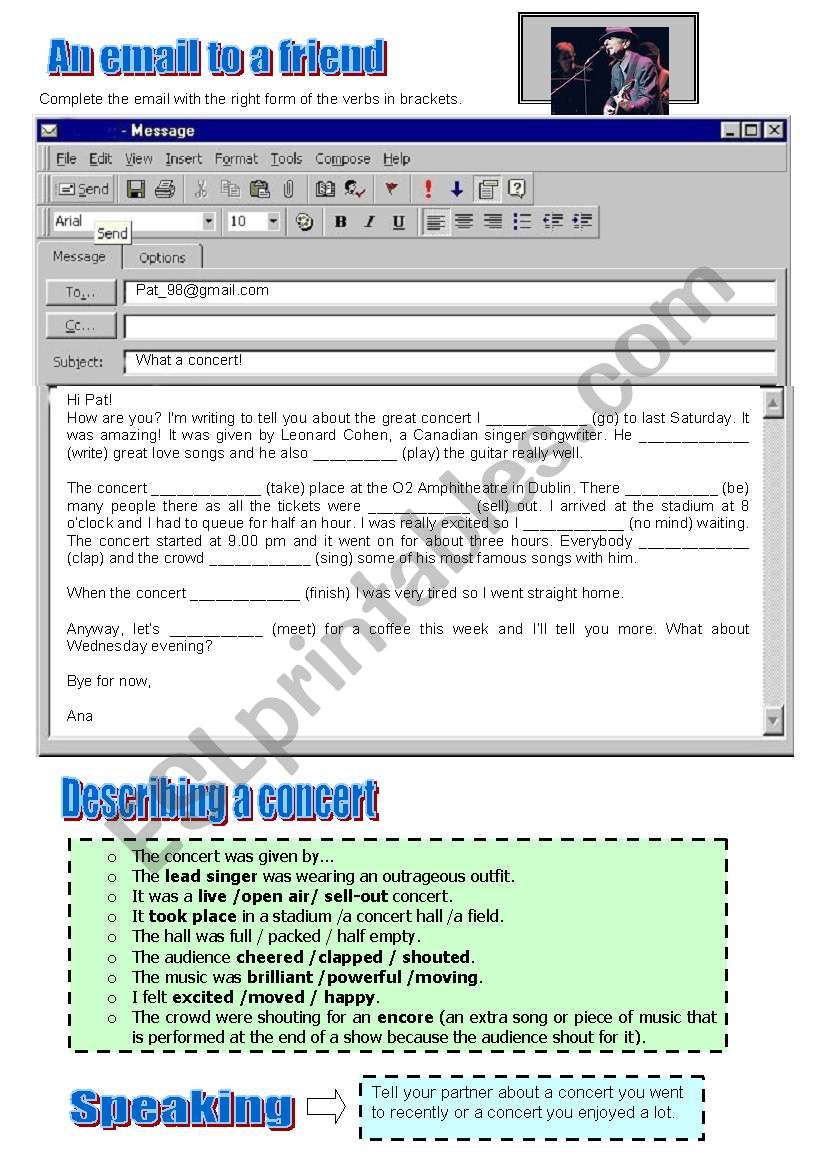 Writing an email to a friend (about a concert) - ESL ...