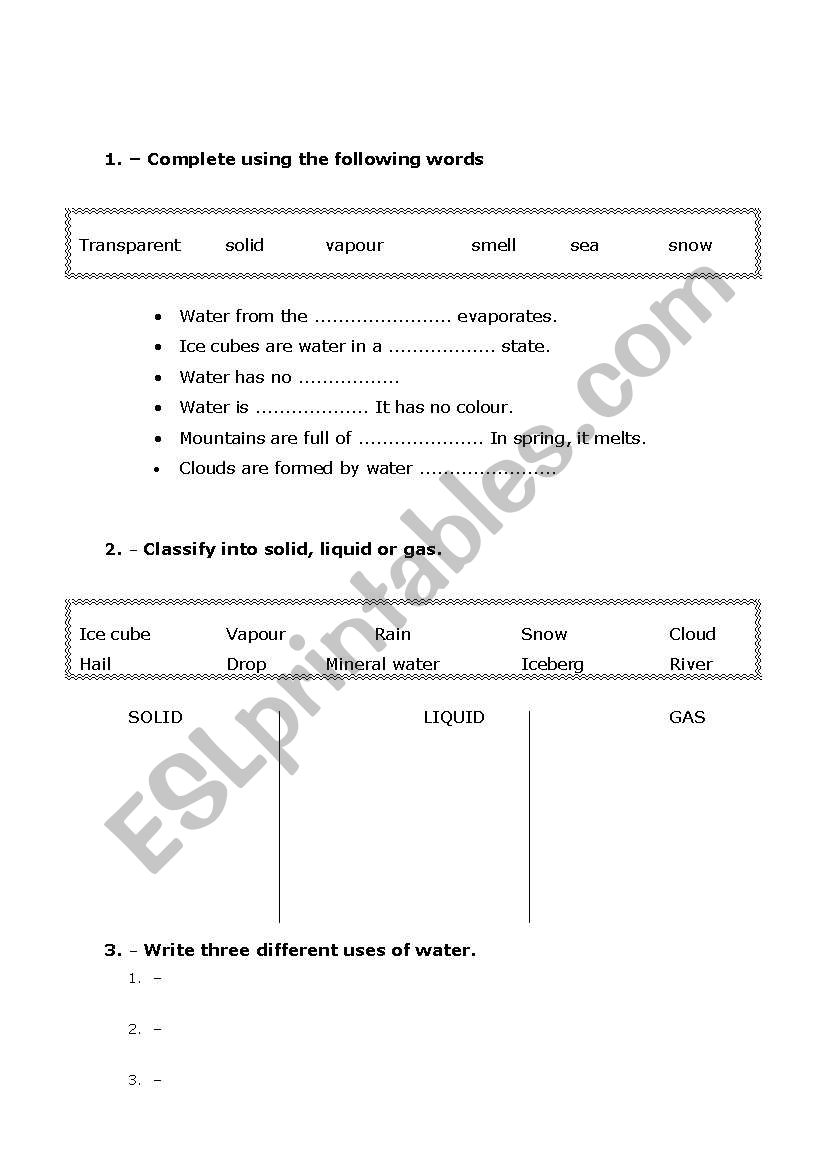 Water activities worksheet