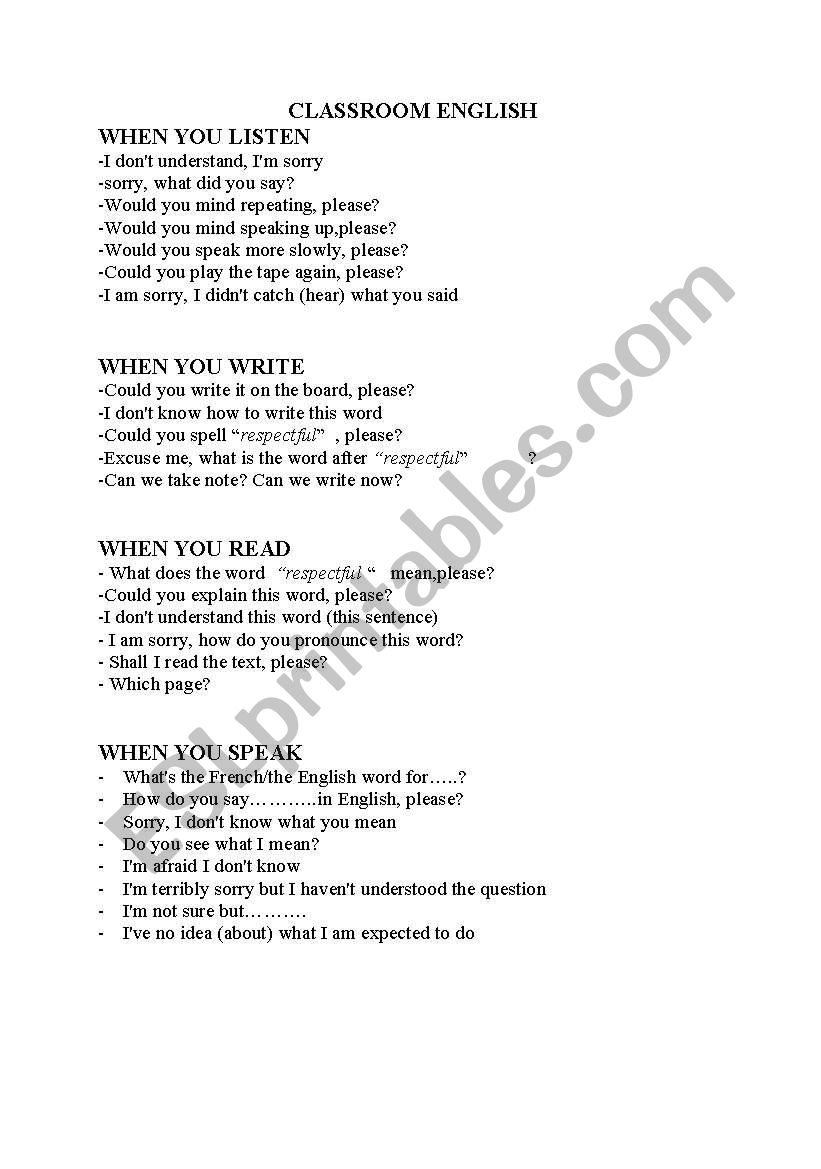 Classrom English worksheet
