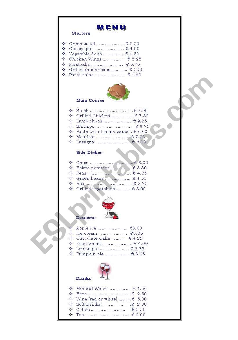 At the Restaurant-Menu worksheet