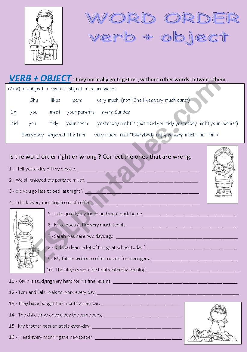 WORD ORDER : VERB + OBJECT worksheet