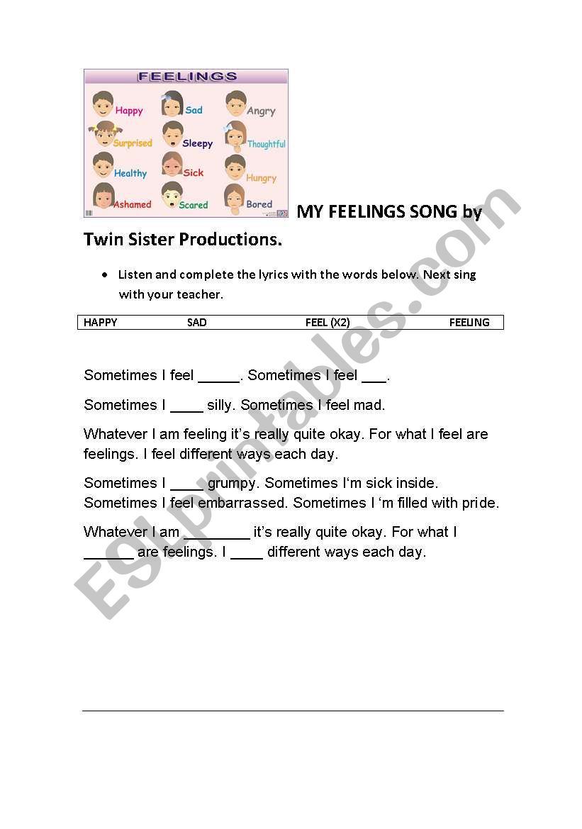 My feelings song worksheet