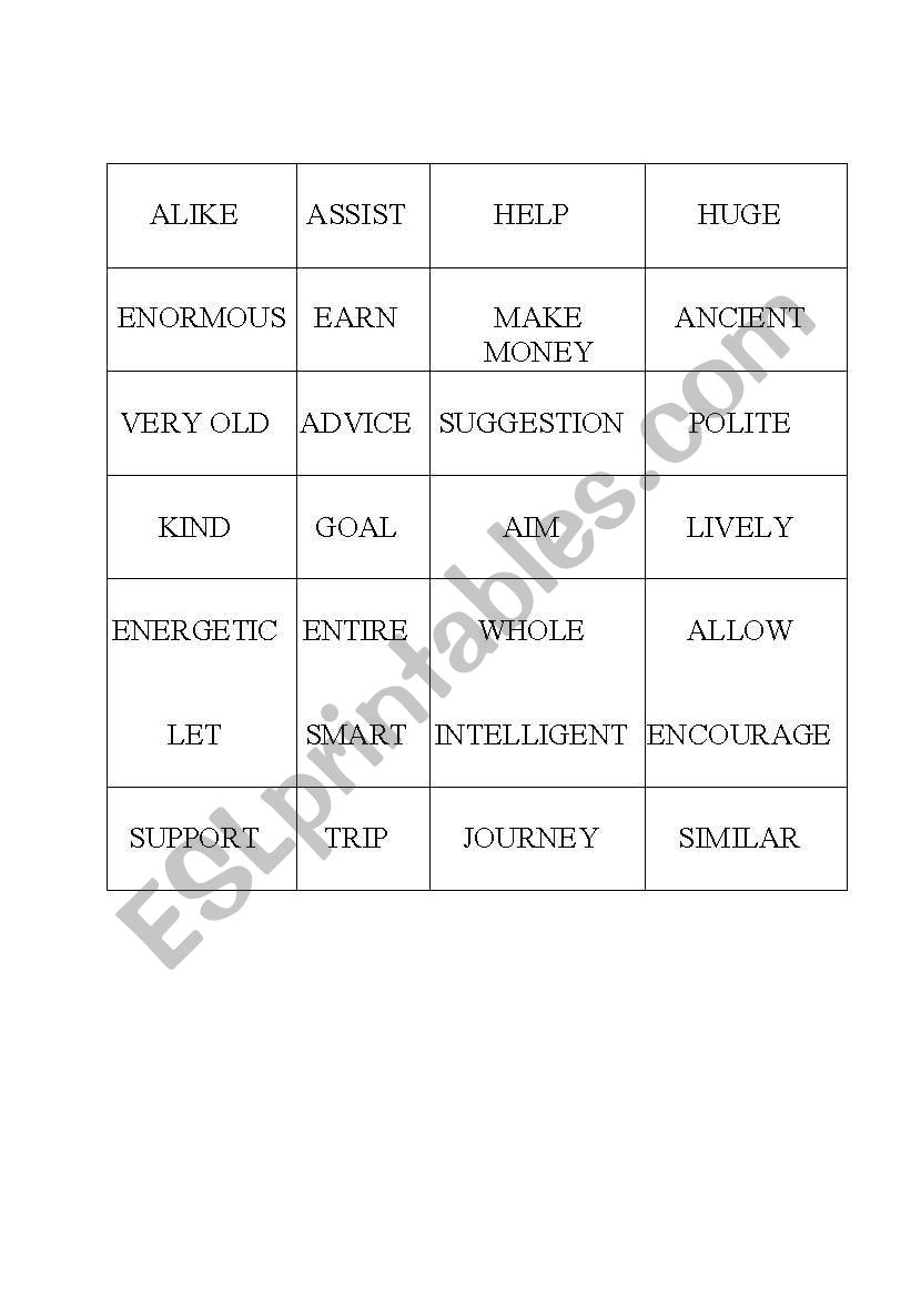 bingo game worksheet