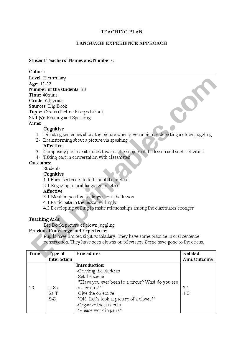 lesson plan (language experience approach)