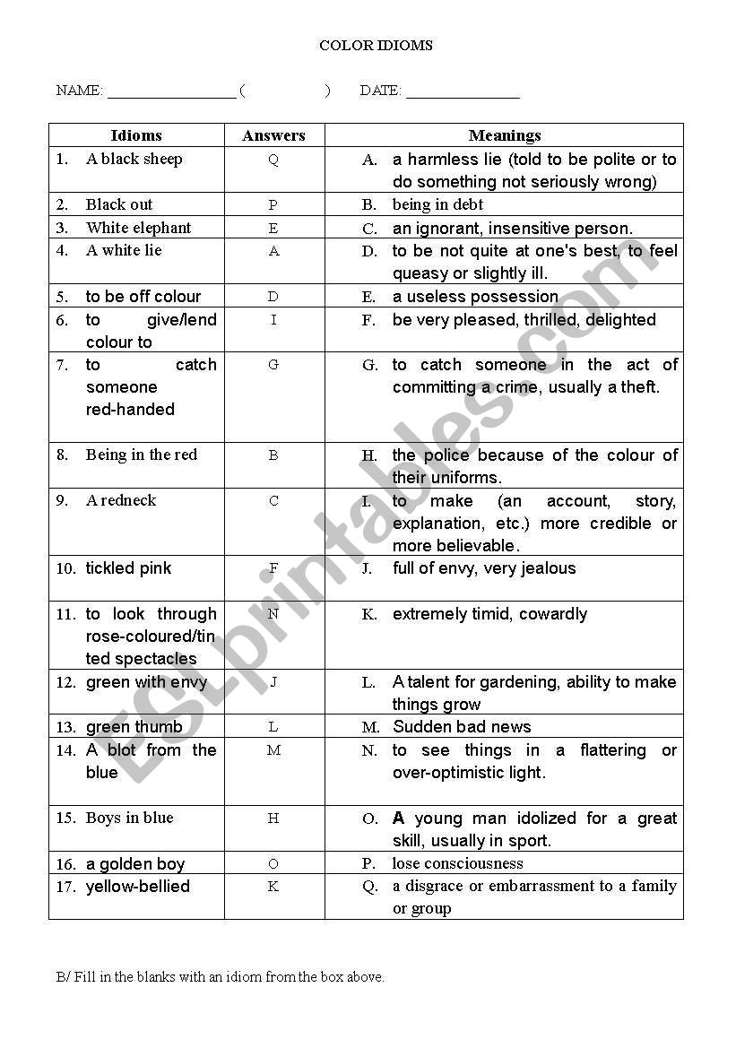 Color idioms worksheet