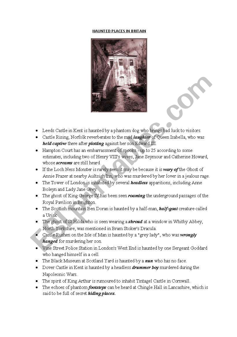 Haunted places in Britain worksheet